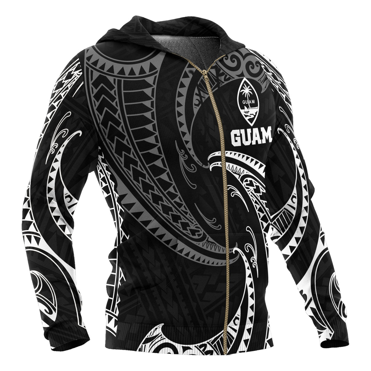 Guam Polynesian Zip up Hoodie White Tribal Wave - Polynesian Pride