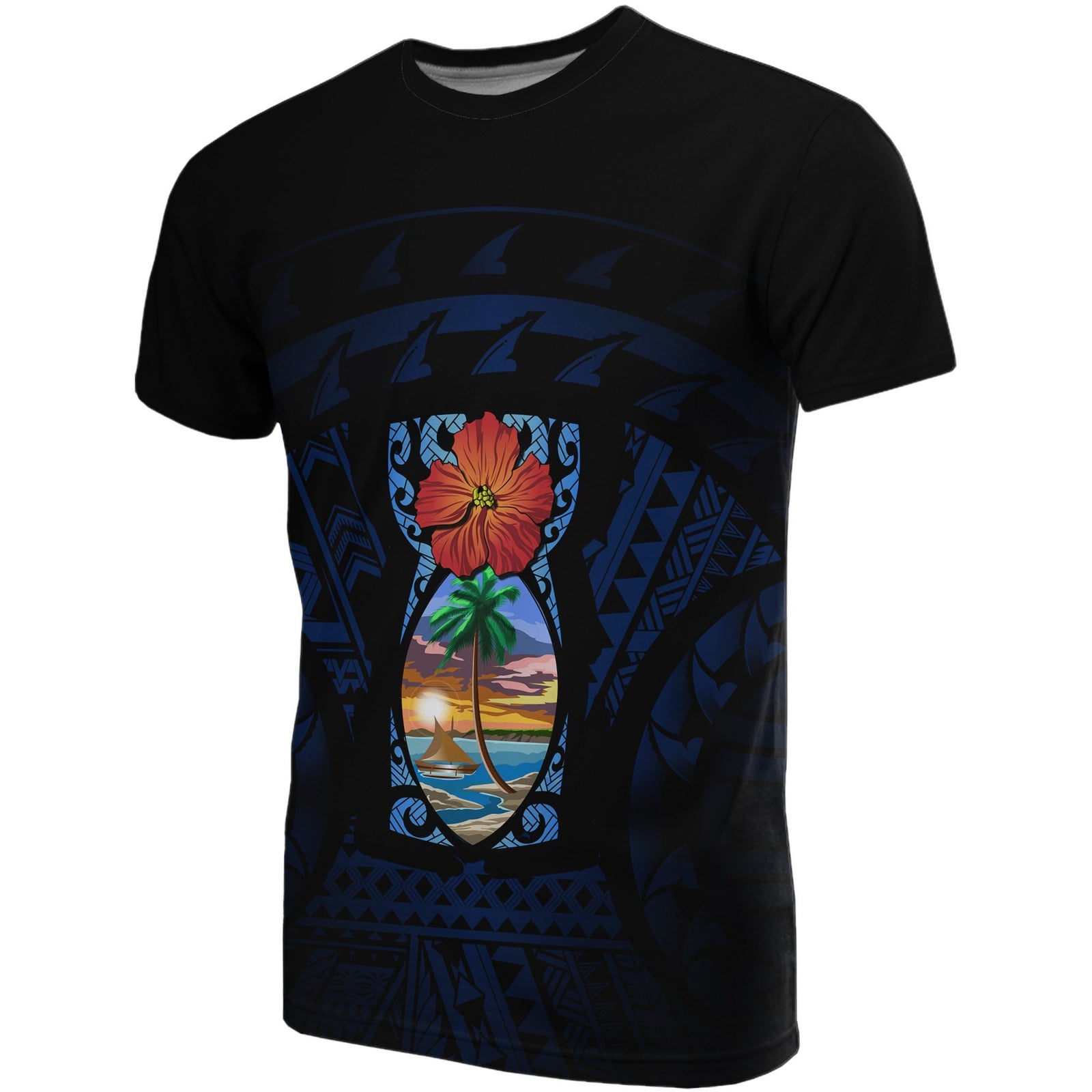 Guam T Shirt Guam Coat of Arms Polynesian Tattoo Unisex Blue - Polynesian Pride