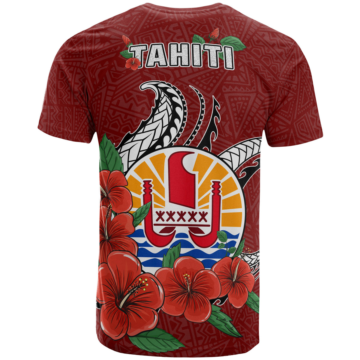 Tahiti Polynesian T Shirt Hibiscus Coat of Arm Red - Polynesian Pride