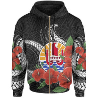 Tahiti Polynesian Zip up Hoodie Hibiscus Coat of Arm Black Unisex BLACK - Polynesian Pride