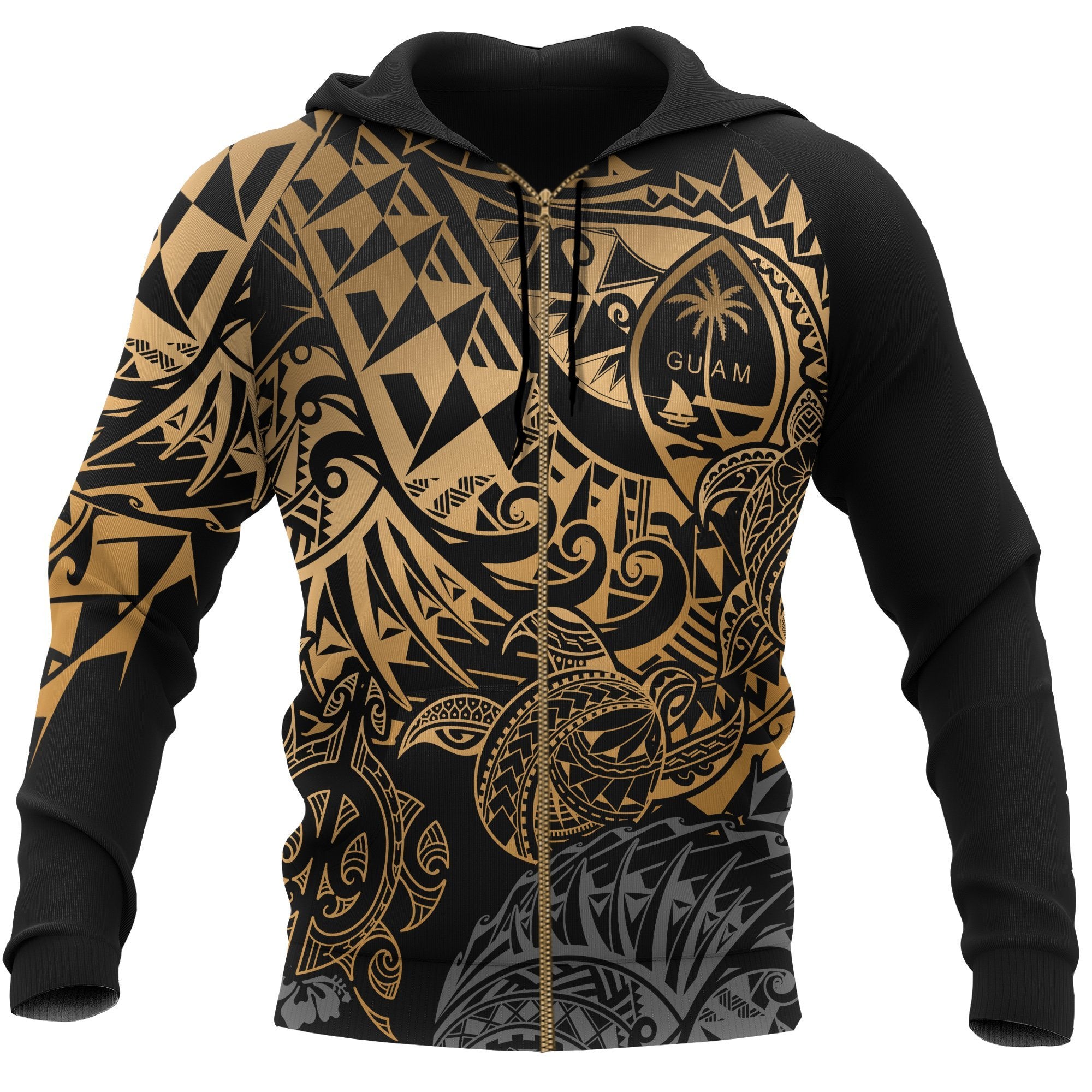 Guam Polynesian Zip up Hoodie Gold Turtle Flowing Unisex Gold - Polynesian Pride