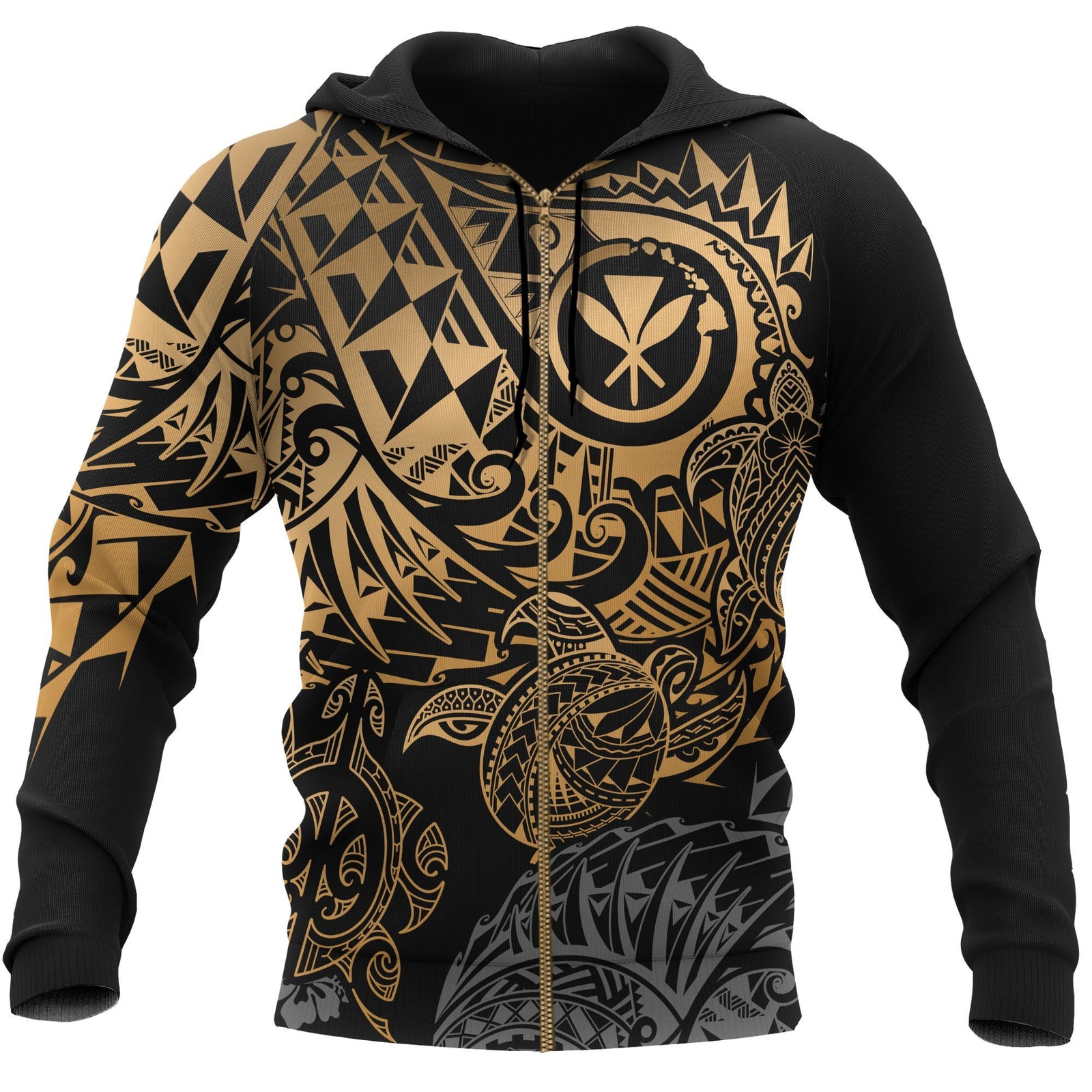 Polynesian Hawaii (Kanaka Maoli) Zip up Hoodie Gold Turtle Hibiscus Flowing Unisex GOLD - Polynesian Pride