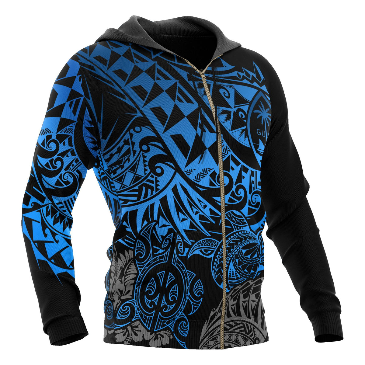 Guam Polynesian Zip up Hoodie Blue Turtle Flowing - Polynesian Pride