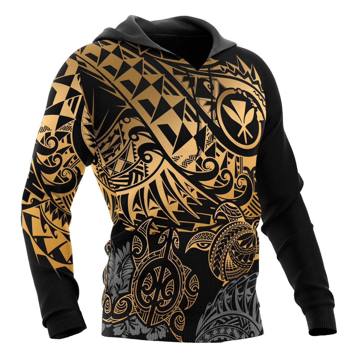 Polynesian Hawaii (Kanaka Maoli) Hoodie Gold Turtle Hibiscus Flowing - Polynesian Pride