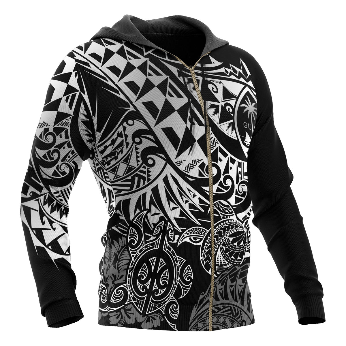 Guam Polynesian Zip up Hoodie White Turtle Flowing - Polynesian Pride