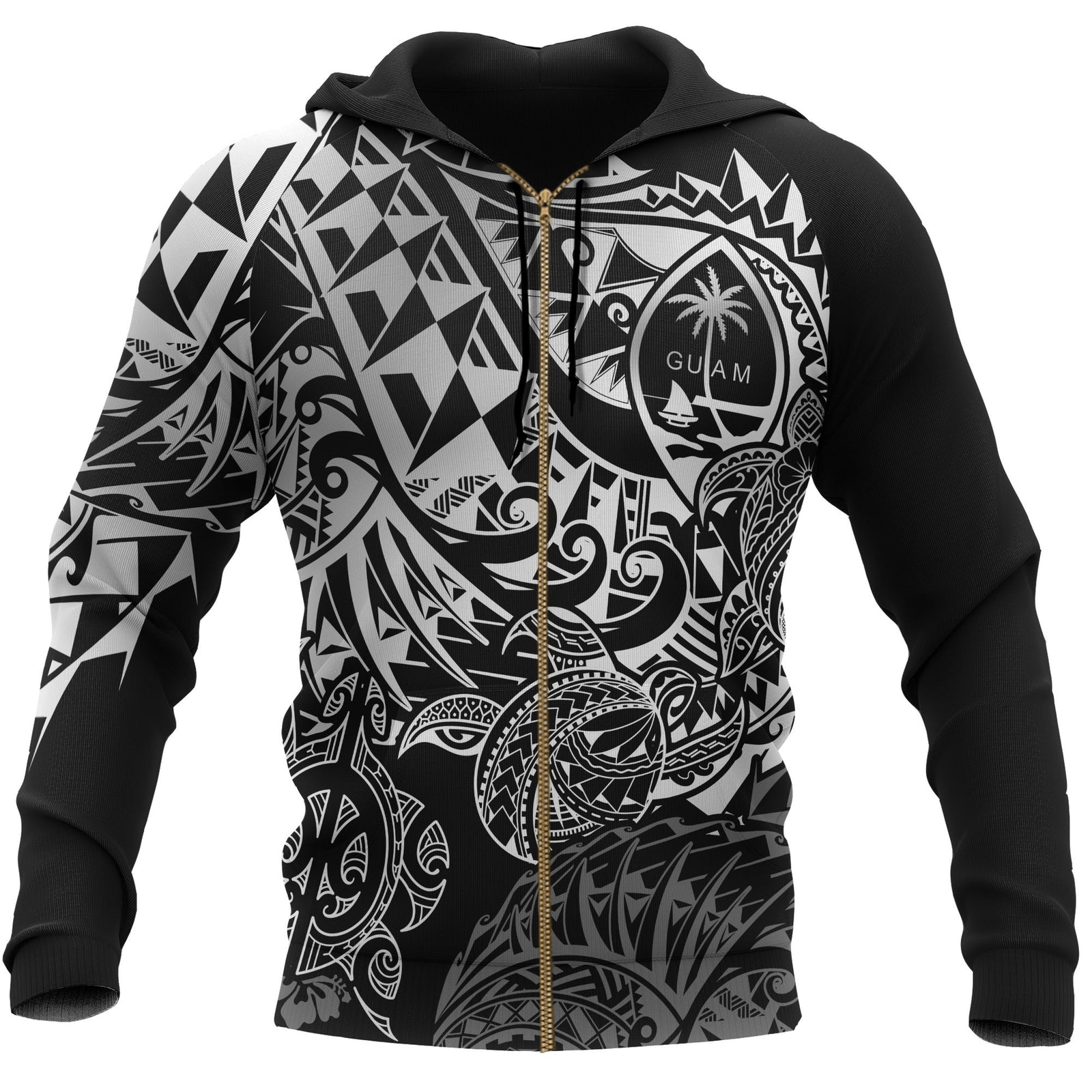 Guam Polynesian Zip up Hoodie White Turtle Flowing Unisex White - Polynesian Pride