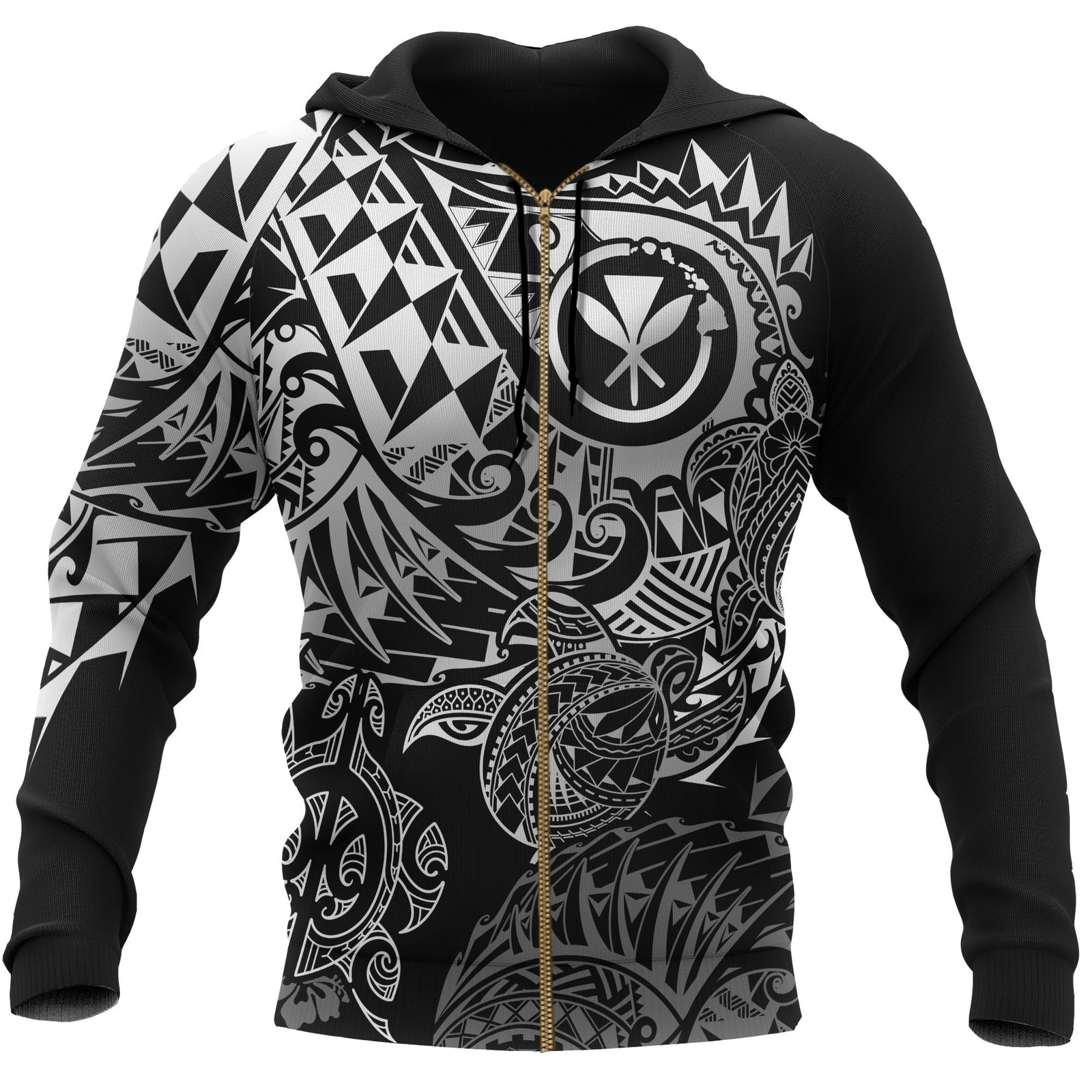 Polynesian Hawaii (Kanaka Maoli) Zip up Hoodie Black Turtle Hibiscus Flowing Unisex BLACK - Polynesian Pride