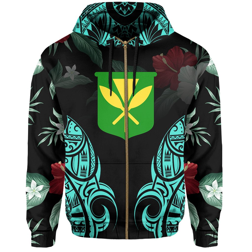 Polynesian Tropic Kanaka Maoli Hibiscus Hawaii Zip Hoodie Turquoise - Polynesian Pride
