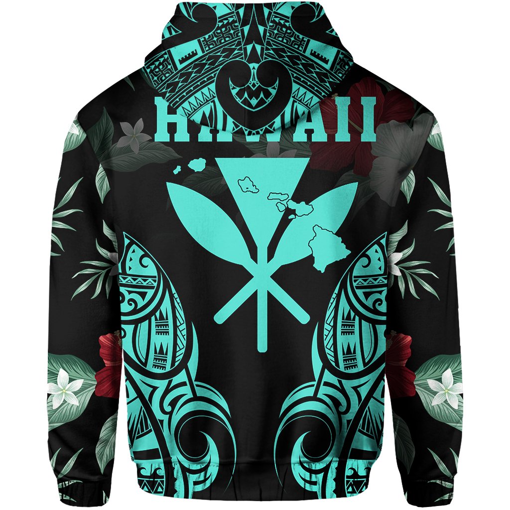 Polynesian Tropic Kanaka Maoli Hibiscus Hawaii Zip Hoodie Turquoise - Polynesian Pride