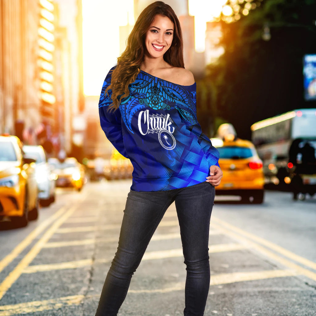 Chuuk Polynesian Off Shoulder Sweatshirt - Lauhala Coat Of Arms Women Blue - Polynesian Pride