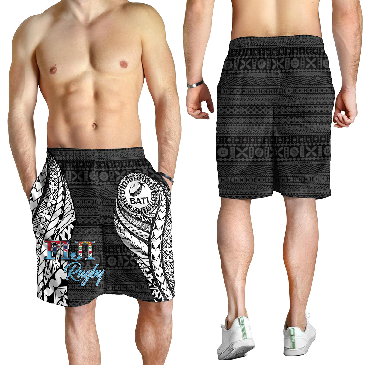 Fiji Rugby Bati Tapa Pattern Men Short - LT2 BLACK - Polynesian Pride