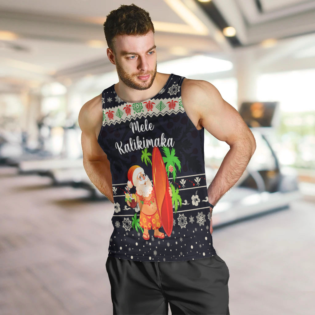 Hawaii Christmas Men Tank Top Santa Claus Surfing Simple Style - Navy LT8 - Polynesian Pride