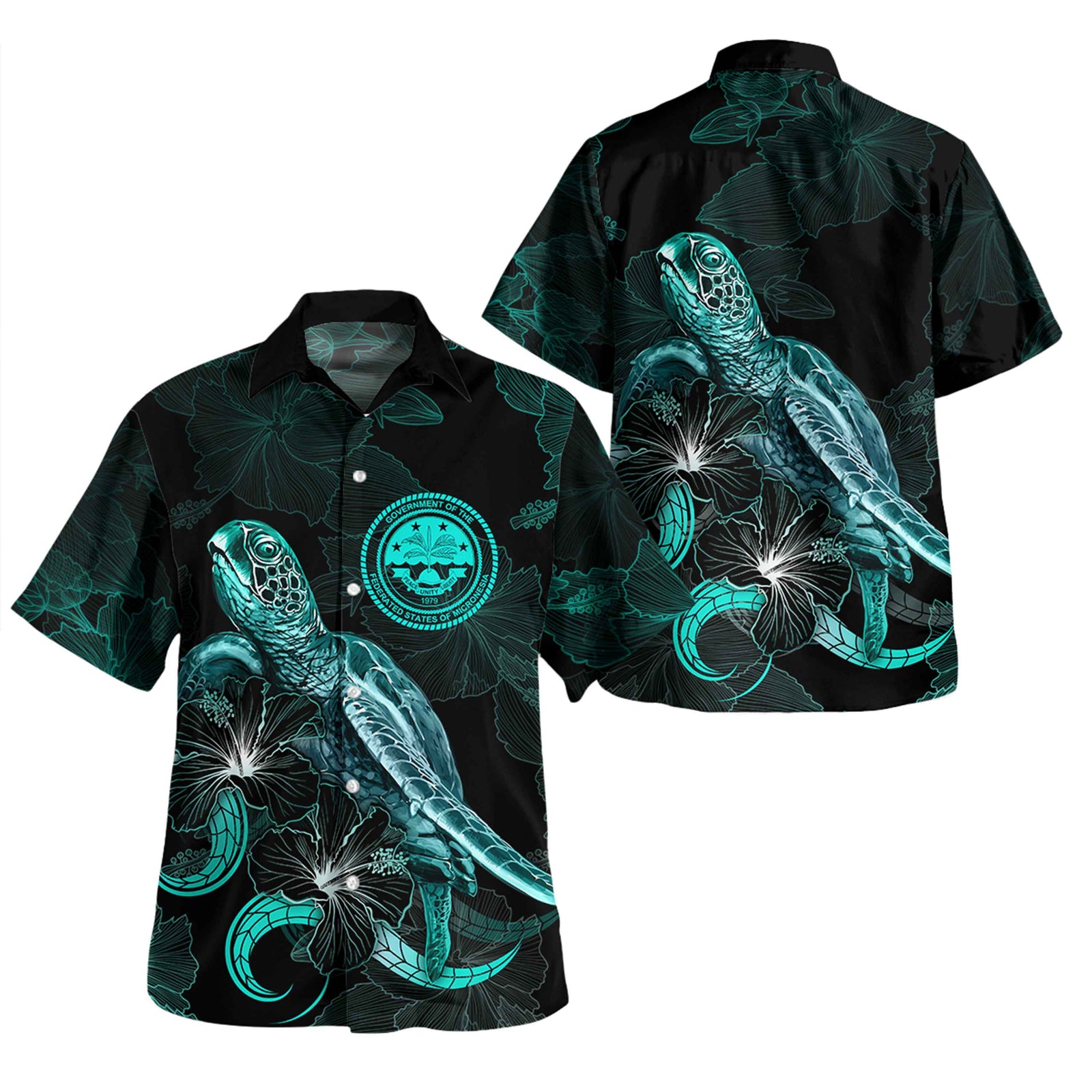 Federated States Of Micronesia Short Sleeve Shirt - Custom FSM Coat Of Arms With Turtle Blooming Hibiscus Turquoise Unisex Turquoise - Polynesian Pride