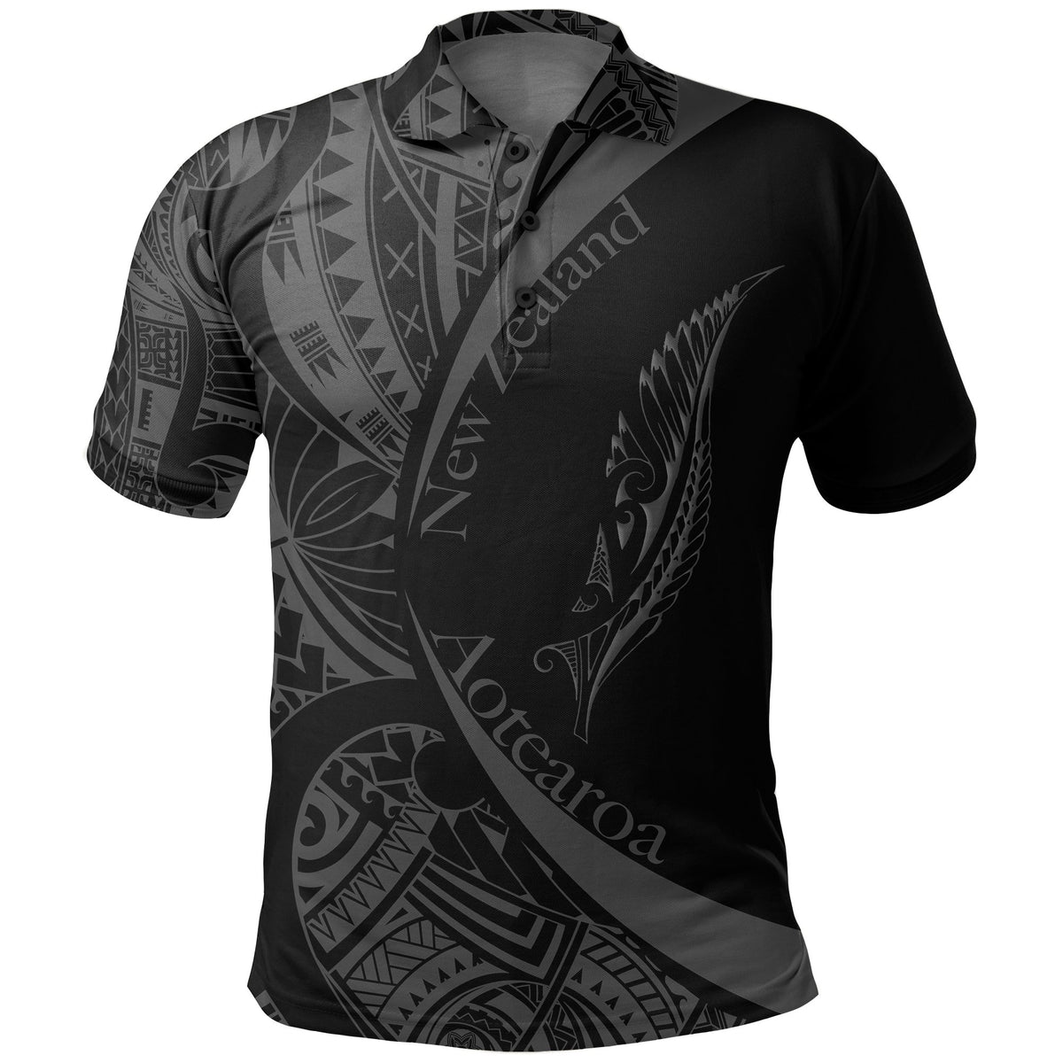 New Zealand Silver Fern Polo Shirt Maori Tattoo Circle Style Unisex Black - Polynesian Pride
