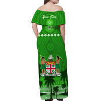 (Custom Personalised) Bula Fiji Off Shoulder Long Dress Fijian Tapa with Palm Tree Green LT13 - Polynesian Pride