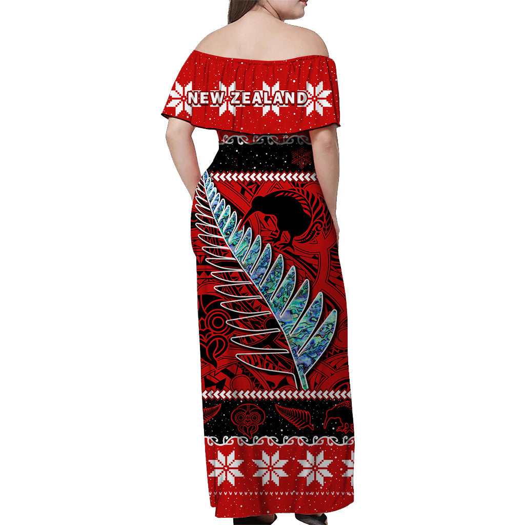 New Zealand Christmas Off Shoulder Long Dress Paua Shell Silver Fern Meri Kirihimete LT14 - Polynesian Pride
