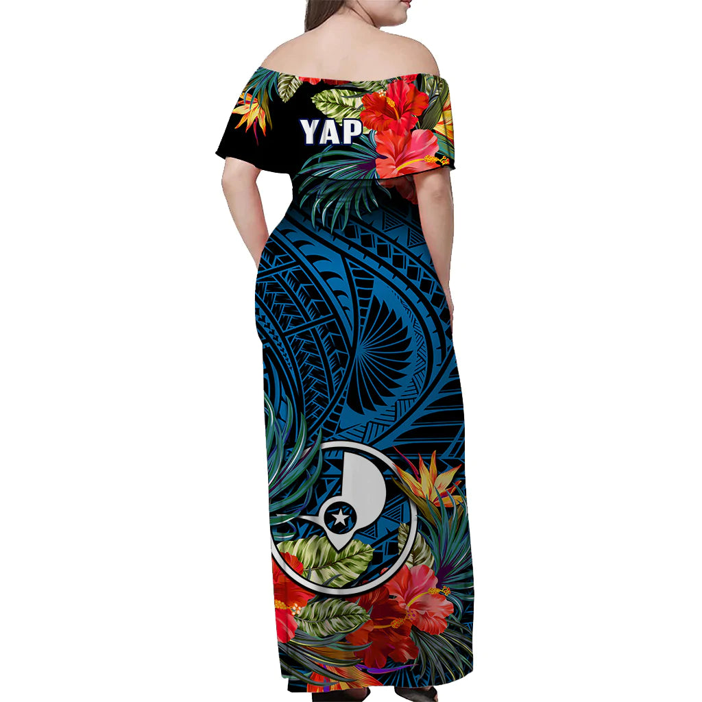 Yap State Off Shoulder Long Dress FSM Hibiscus Flowers Mix Polynesian LT14 - Polynesian Pride