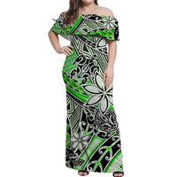 (Custom Personalised) Hawaii Off Shoulder Long Dress Tribal Plumeria With Polynesian Turtle Ver.01 LT14 Women Green - Polynesian Pride