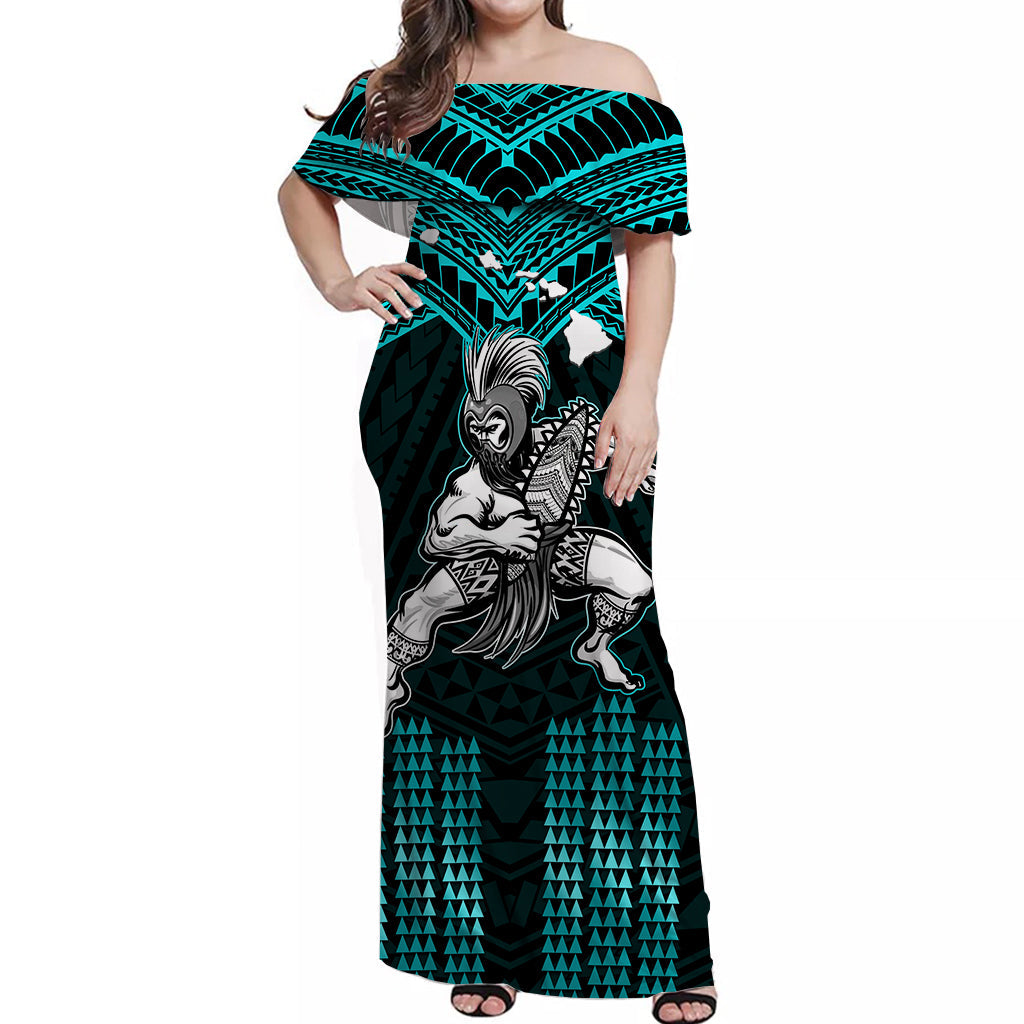 Custom Polynesian Couple Outfits Matching Turquoise Hawaiian Dress And Shirt Hawaiian Warrior with Weapon Polynesian Ver.02 LT14 - Polynesian Pride