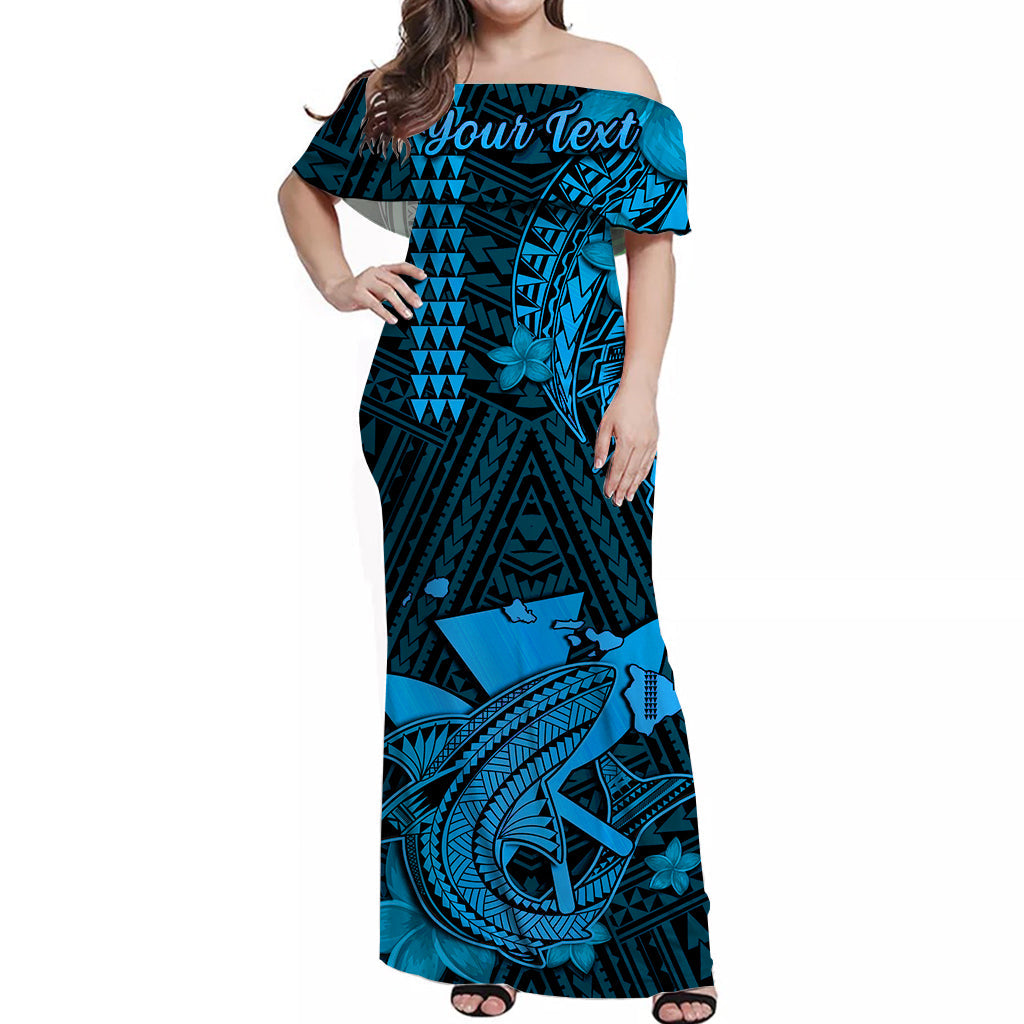 (Custom Personalised) Hawaii Off Shoulder Long Dress Kakau Kanaka Maoli Combine Polynesian Shark Ver.03 LT14 Women Blue - Polynesian Pride