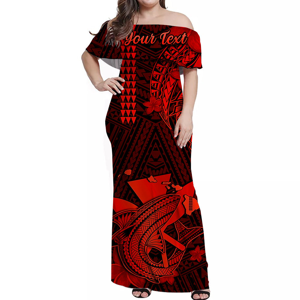 (Custom Personalised) Hawaii Off Shoulder Long Dress Kakau Kanaka Maoli Combine Polynesian Shark Ver.06 LT14 Women Red - Polynesian Pride