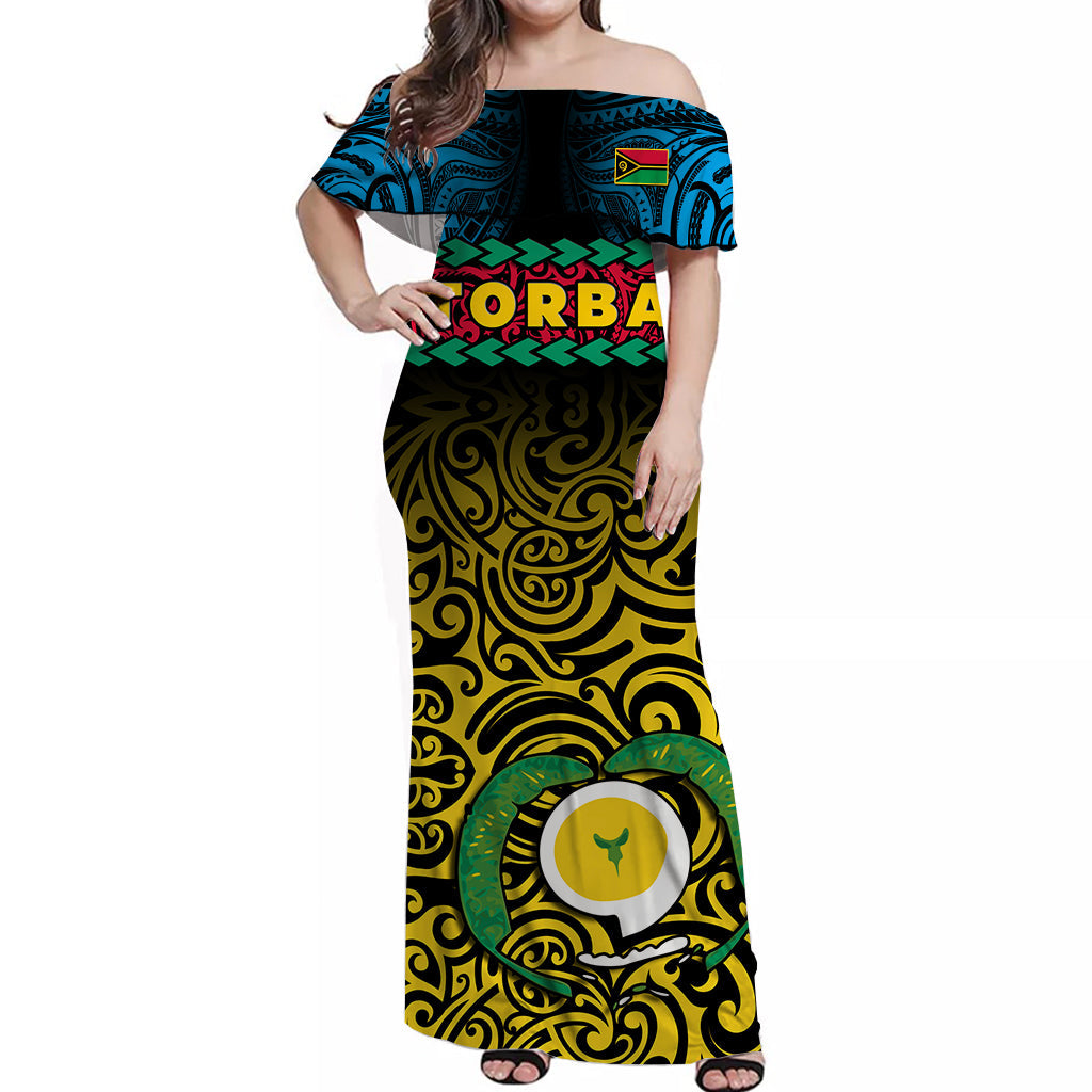 (Custom Personalised) Torba Province Off Shoulder Long Dress Vanuatu Pig Tusk Polynesian Flag Style LT14 Women Black - Polynesian Pride