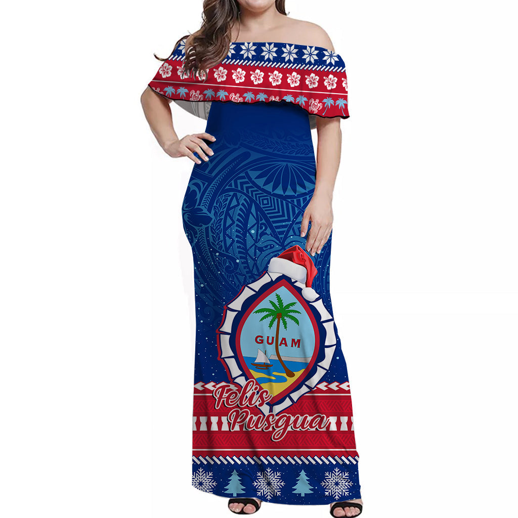 (Custom Personalised) Guam Christmas Off Shoulder Long Dress Guaman Seal Polynesian Felis Pusgua LT14 Women Blue - Polynesian Pride