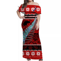 New Zealand Christmas Off Shoulder Long Dress Paua Shell Silver Fern Meri Kirihimete LT14 Women Red - Polynesian Pride