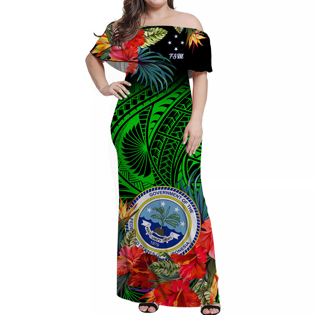 (Custom Personalised) Federated States of Micronesia Off Shoulder Long Dress Hibiscus Flowers FSM Seal Polynesian Ver.02 LT14 Women Green - Polynesian Pride