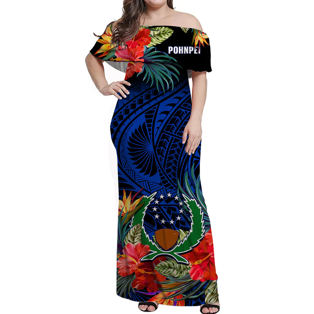 (Custom Personalised) Pohnpei State Off Shoulder Long Dress FSM Hibiscus Flowers Mix Polynesian LT14 Women Blue - Polynesian Pride