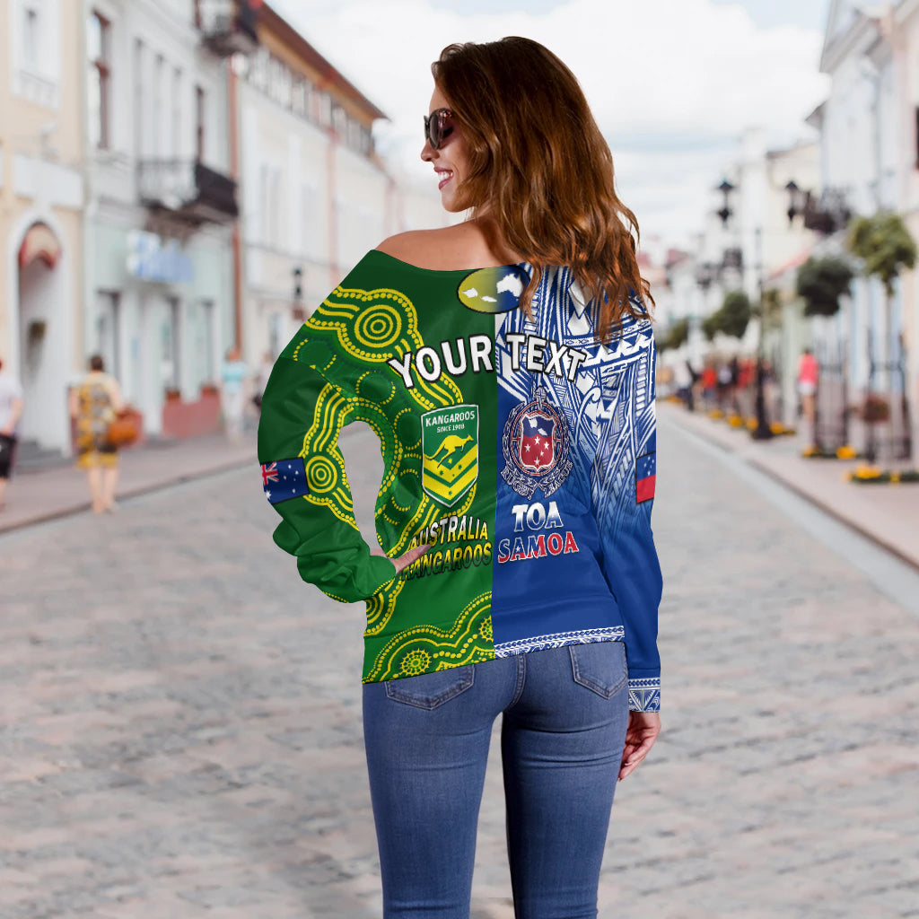 (Custom Personalised) Samoa Rugby and Australia Rugby Off Shoulder Sweater Toa Samoa Mix Kangaroos Pacific LT14 - Polynesian Pride