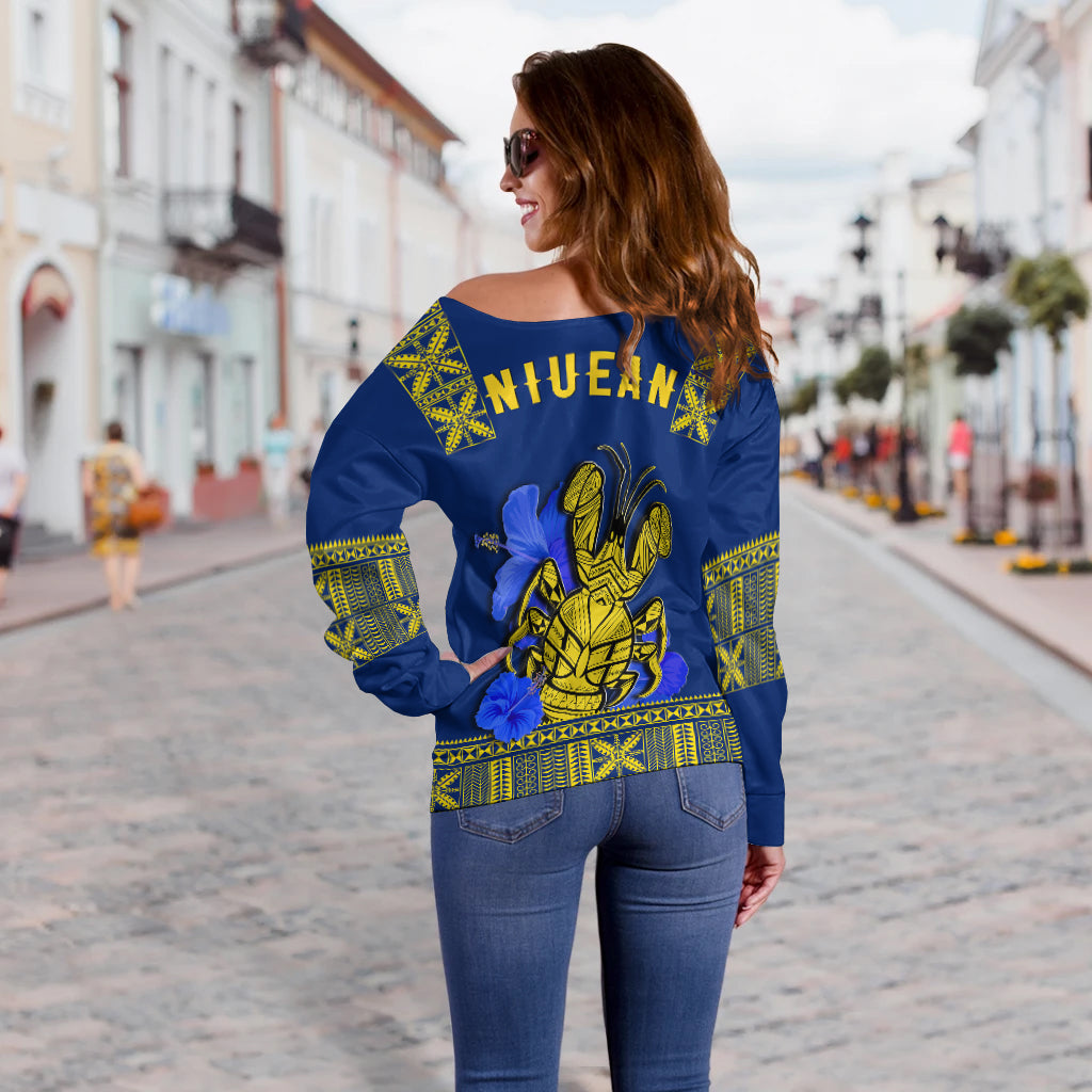 Niue Off Shoulder Sweater Happy Constitution Day Niuean Hiapo Crab With Map LT14 - Polynesian Pride