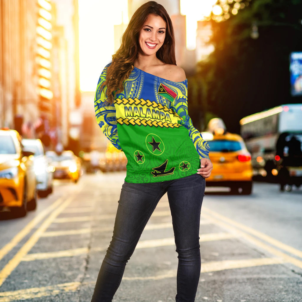 (Custom Personalised) Malampa Province Off Shoulder Sweater Vanuatu Pig Tusk Polynesian Flag Style LT14 - Polynesian Pride