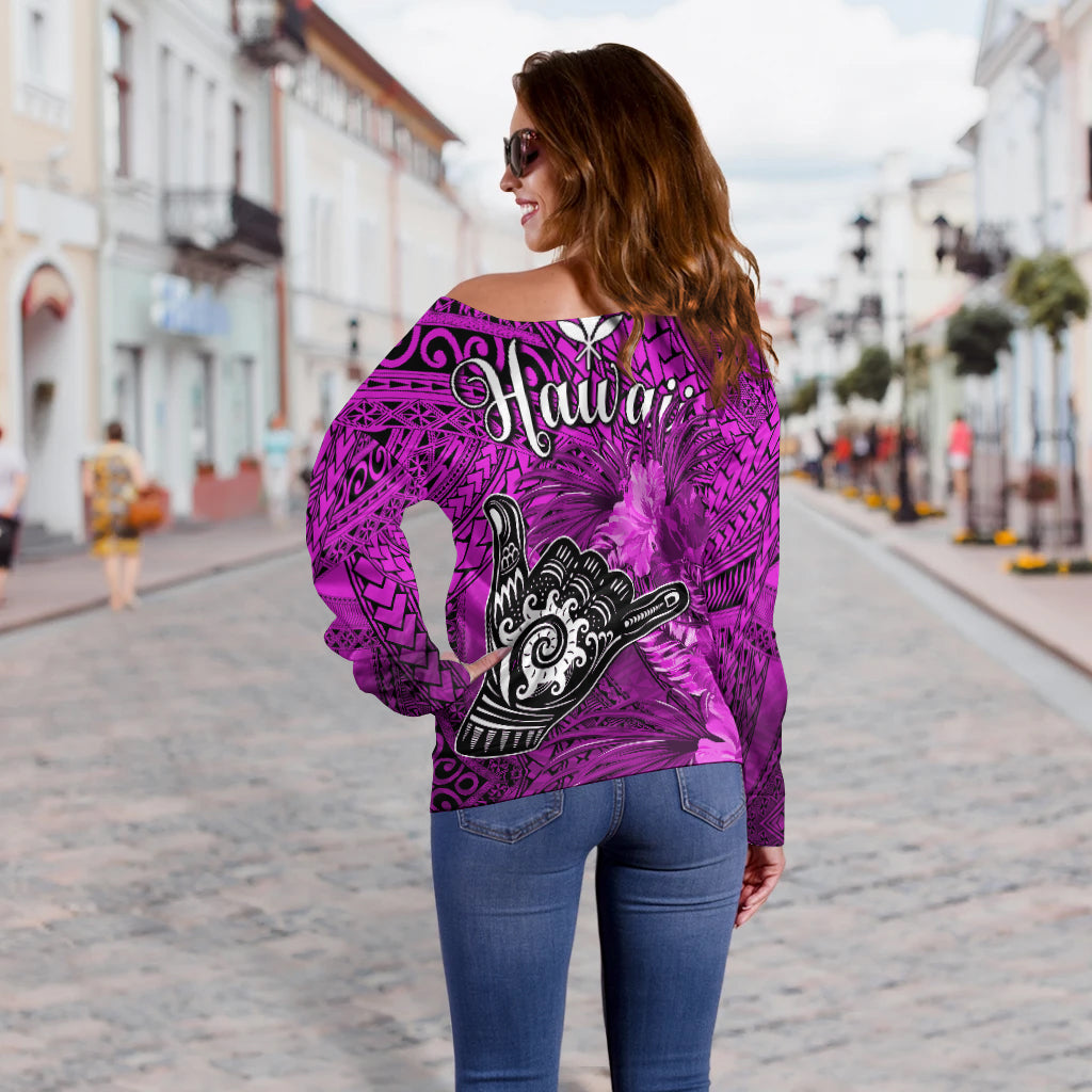 The Shaka Hawaii Off Shoulder Sweater Tropical Flowers Purple Version LT13 - Polynesian Pride