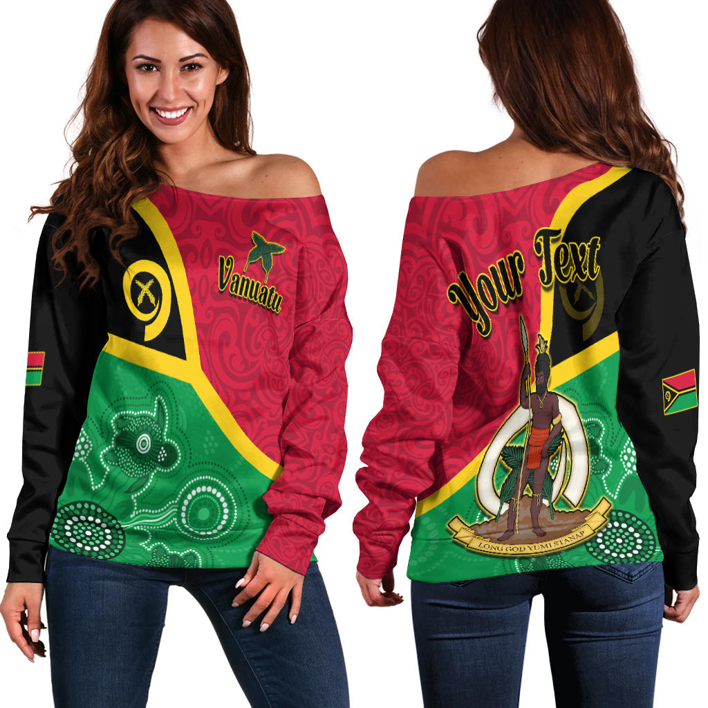 (Custom Personalised) Vanuatu Off Shoulder Sweater Aboriginal Turtle Mix Sand Drawing LT13 Women Red - Polynesian Pride