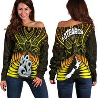 Aotearoa Fern Off Shoulder Sweater New Zealand Hei Tiki Gold Style LT13 Women Gold - Polynesian Pride