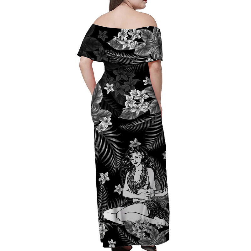 Hawaii Summer Colorful Off Shoulder Long Dress Hula Girl Gray LT6 - Polynesian Pride