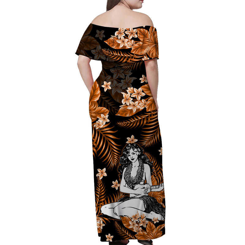 Hawaii Summer Colorful Off Shoulder Long Dress Hula Girl Orange LT6 - Polynesian Pride