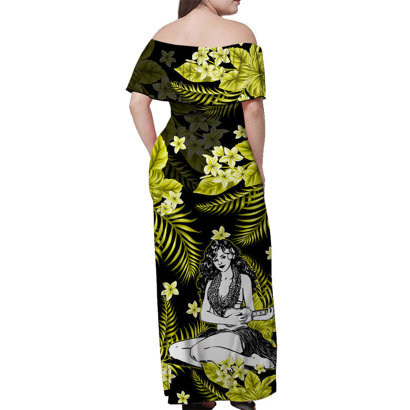 Hawaii Summer Colorful Off Shoulder Long Dress Hula Girl Yellow LT6 - Polynesian Pride