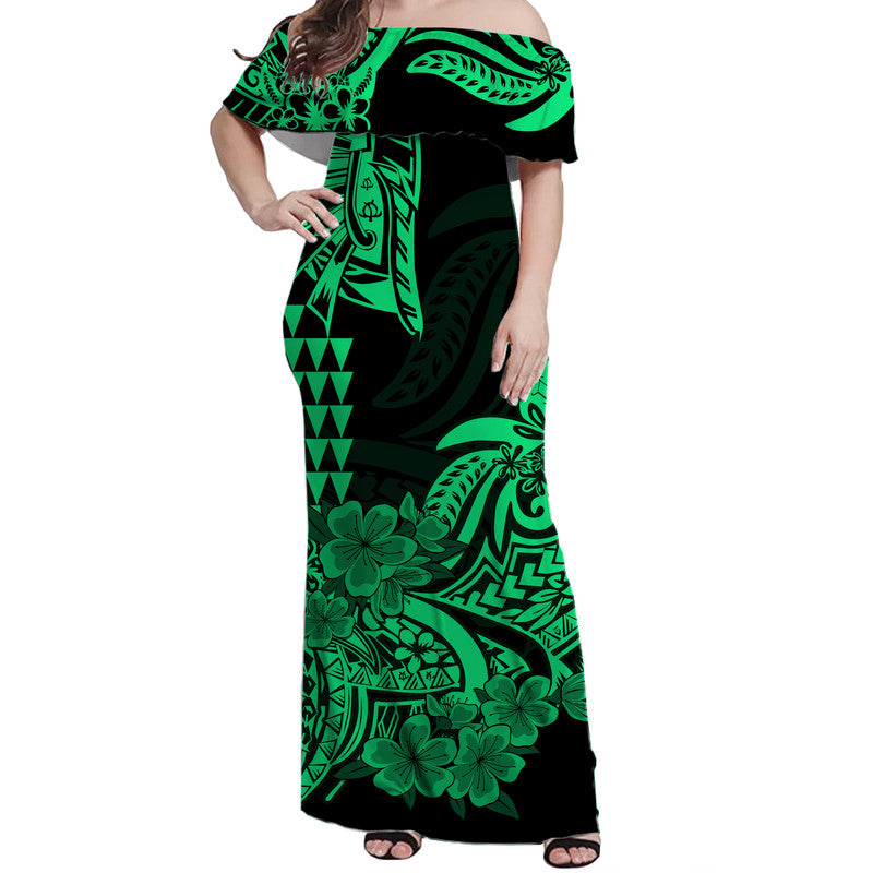Hawaii Couple Outfits Hawaii Kakau Matching Dress and Hawaiian Shirt Polynesian Flower Tribal Green Version LT9 - Polynesian Pride