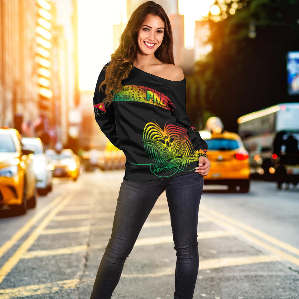 PNG Hibiscus Tribal Pattern Off Shoulder Sweater Motuan Reggae Color LT7 - Polynesian Pride
