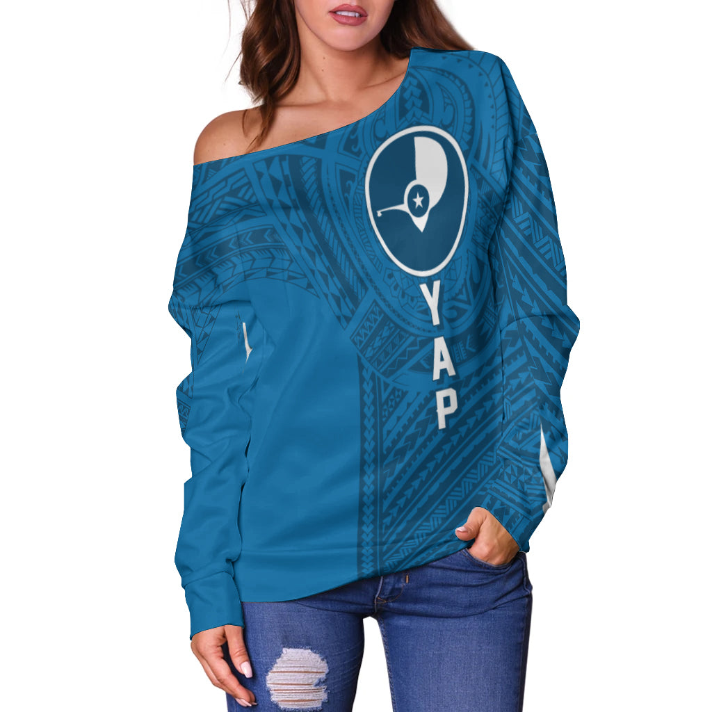 (Custom Personalised) FSM Yap Micronesian Pattern Off Shoulder Sweater Tattoo Style LT7 Blue - Polynesian Pride