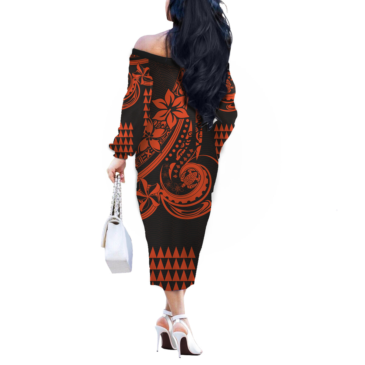 Kakau Hawaiian Polynesian Couples Matching Outfits Long Sleeve Dress And Long Sleeve Button Shirt Orange LT6 - Polynesian Pride
