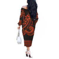 Kakau Hawaiian Polynesian Couples Matching Outfits Long Sleeve Dress And Long Sleeve Button Shirt Orange LT6 - Polynesian Pride