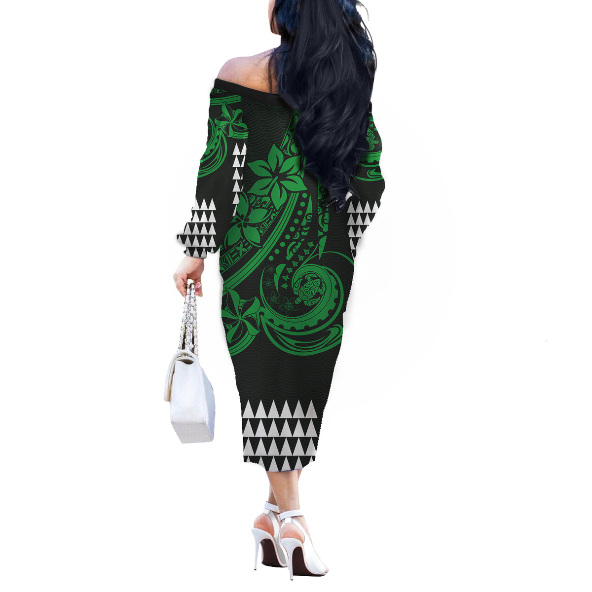 Kakau Hawaiian Polynesian Couples Matching Outfits Long Sleeve Dress And Long Sleeve Button Shirt Green LT6 - Polynesian Pride