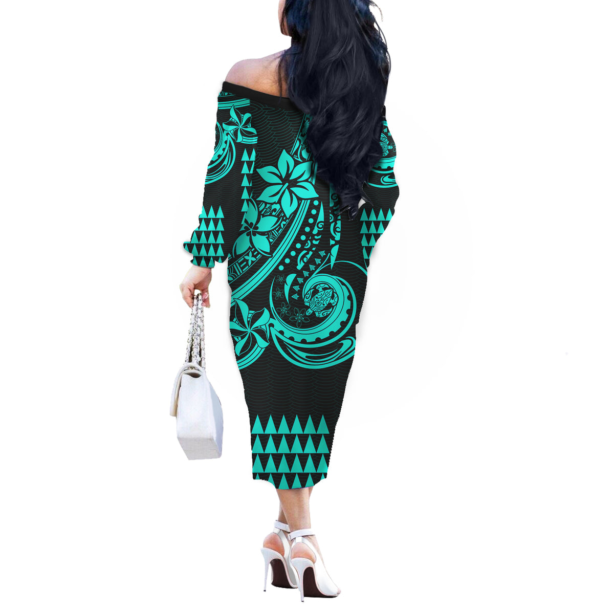 Kakau Hawaiian Polynesian Couples Matching Outfits Long Sleeve Dress And Long Sleeve Button Shirt Turquoise Green LT6 - Polynesian Pride