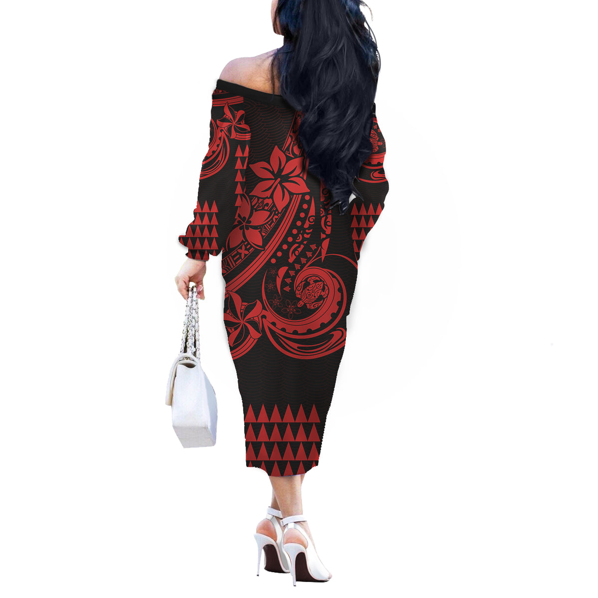 Kakau Hawaiian Polynesian Off Shoulder Long Sleeves Dress LT6 - Polynesian Pride