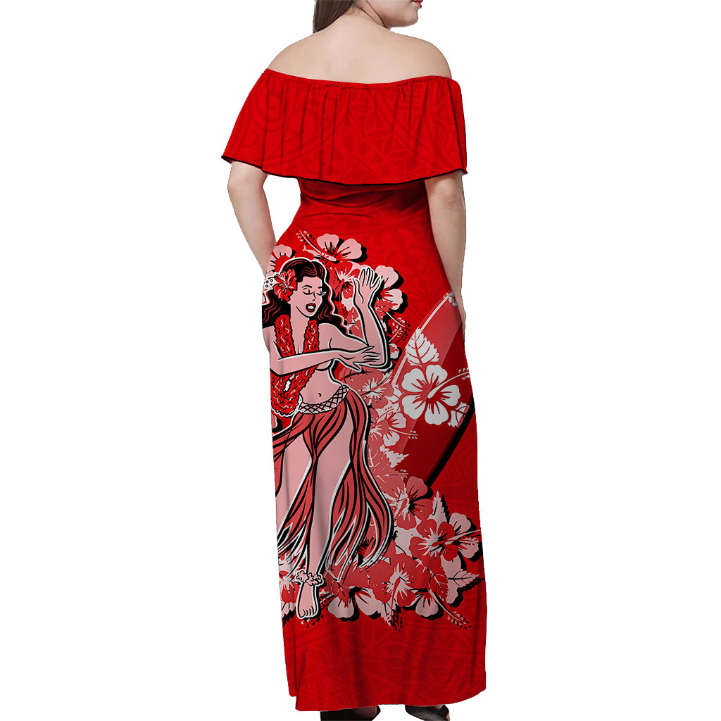 Hawaii Hula Girl Off Shoulder Long Dress Polynesian Red Style LT6 - Polynesian Pride