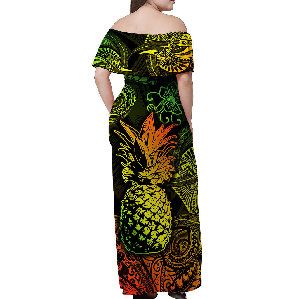 Hawaii Pineapple Polynesian Off Shoulder Long Dress Unique Style - Reggae LT8 - Polynesian Pride