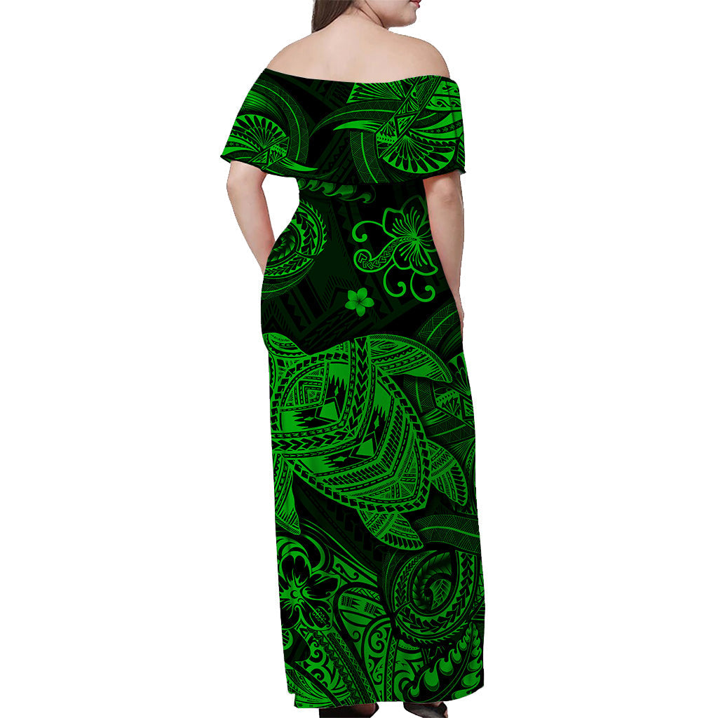 Hawaii Turtle Polynesian Off Shoulder Long Dress Plumeria Flower Unique Style - Green LT8 - Polynesian Pride